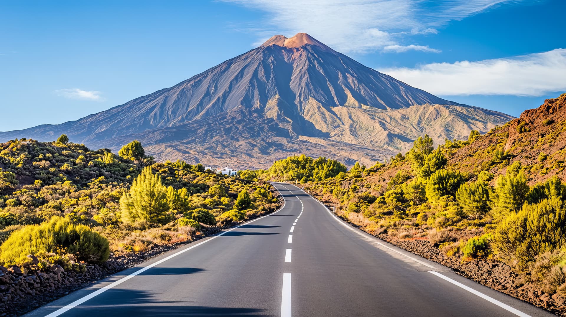 Winding road leading toward a large volcano in Tenerife under a bright blue sky.