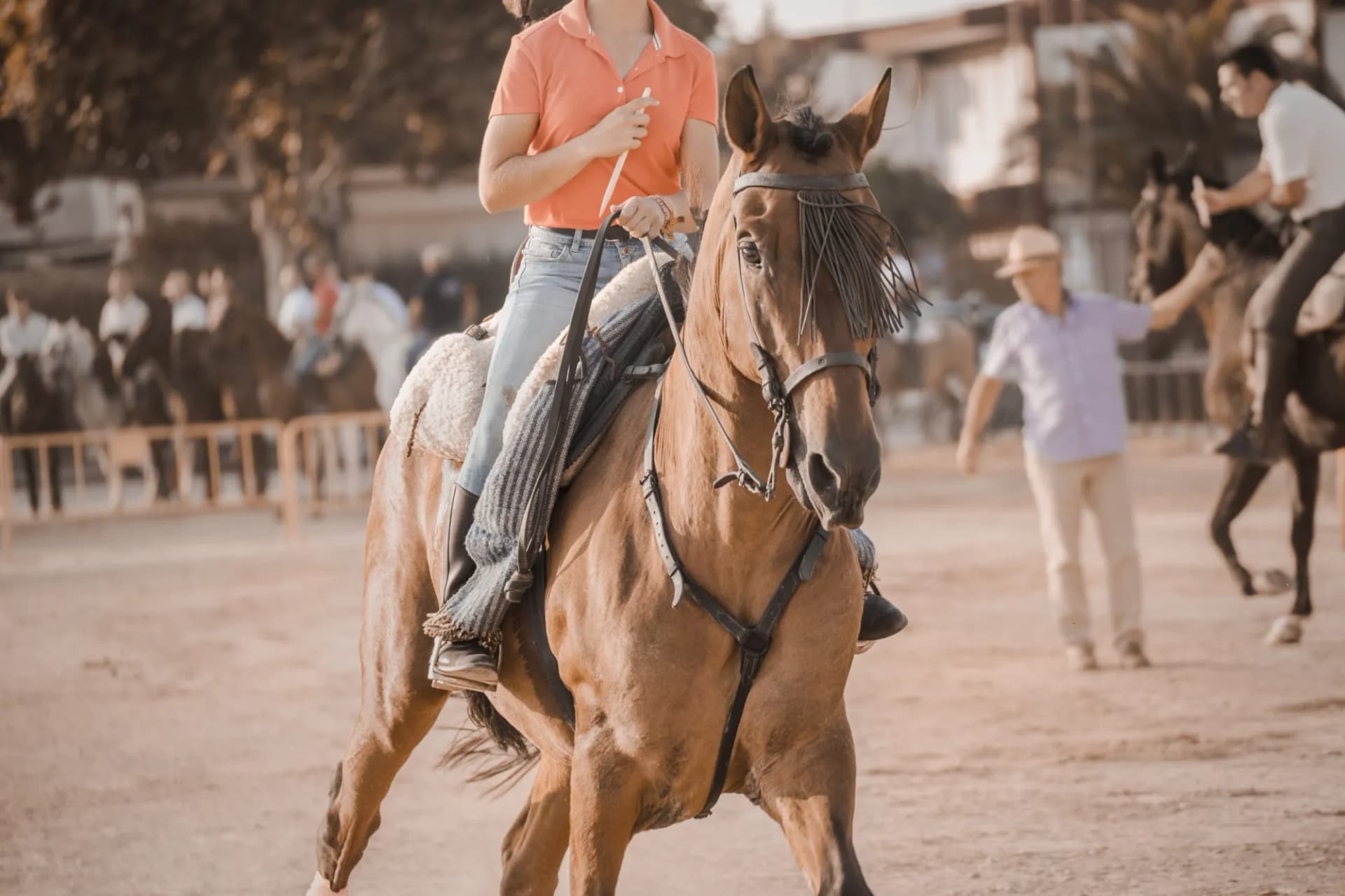 Woman riding a brown horse in an outdoor arena with other riders and spectators.