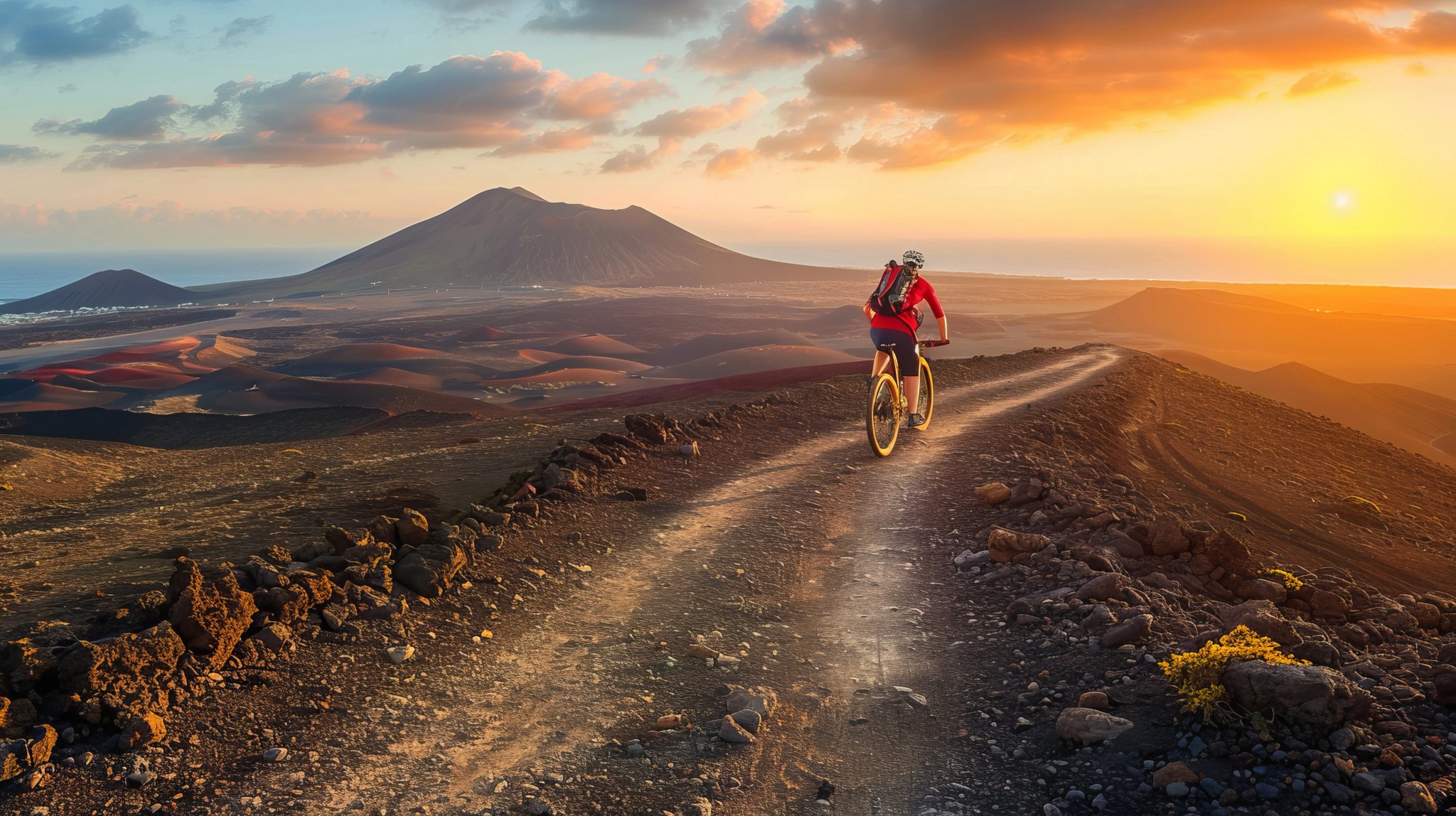 Mountainbiker der cykler ved solnedgang i Lanzarote, Spanien