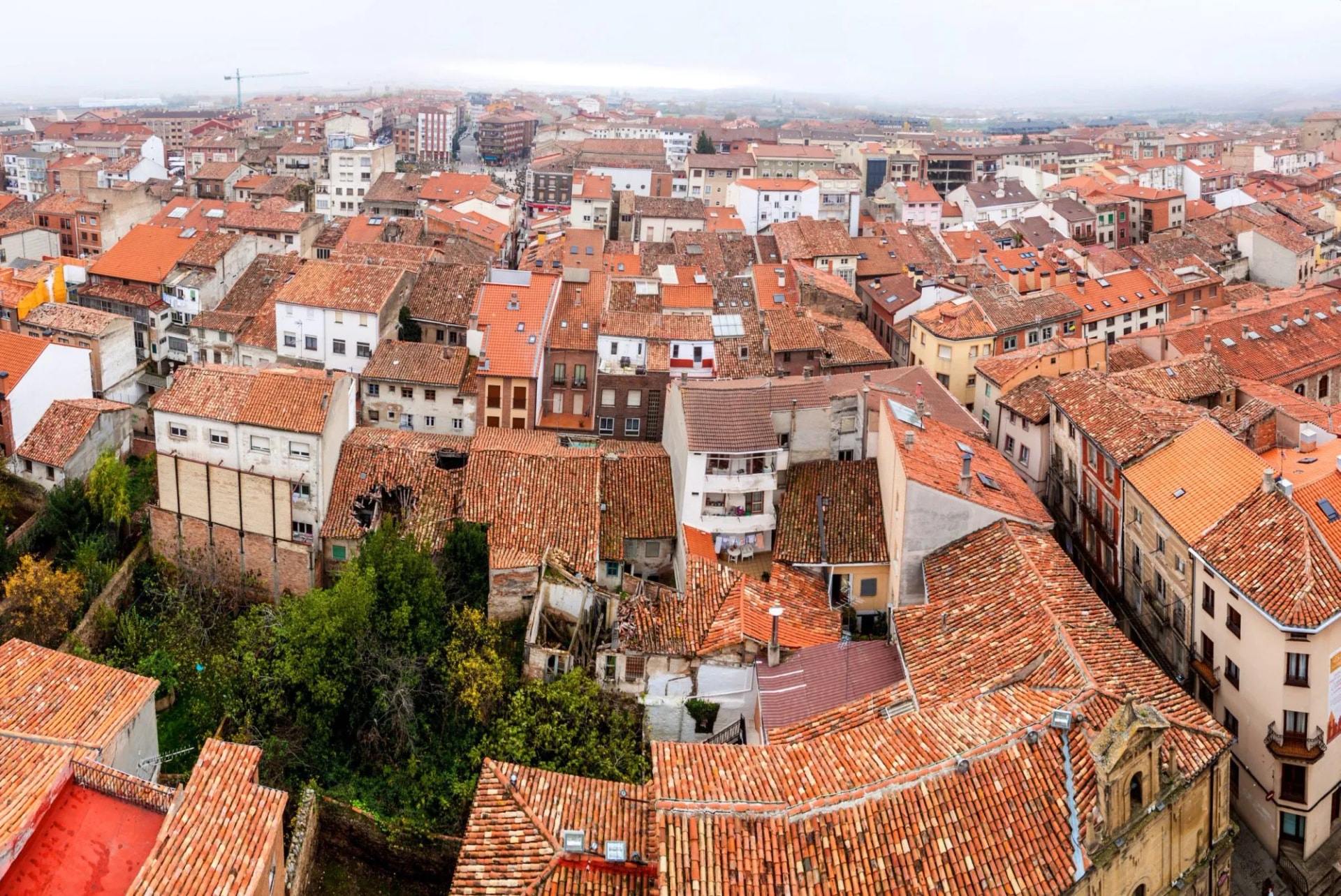 Rooftops of Santo Domingo de la Calzada with dense historic buildings under an overcast sky.