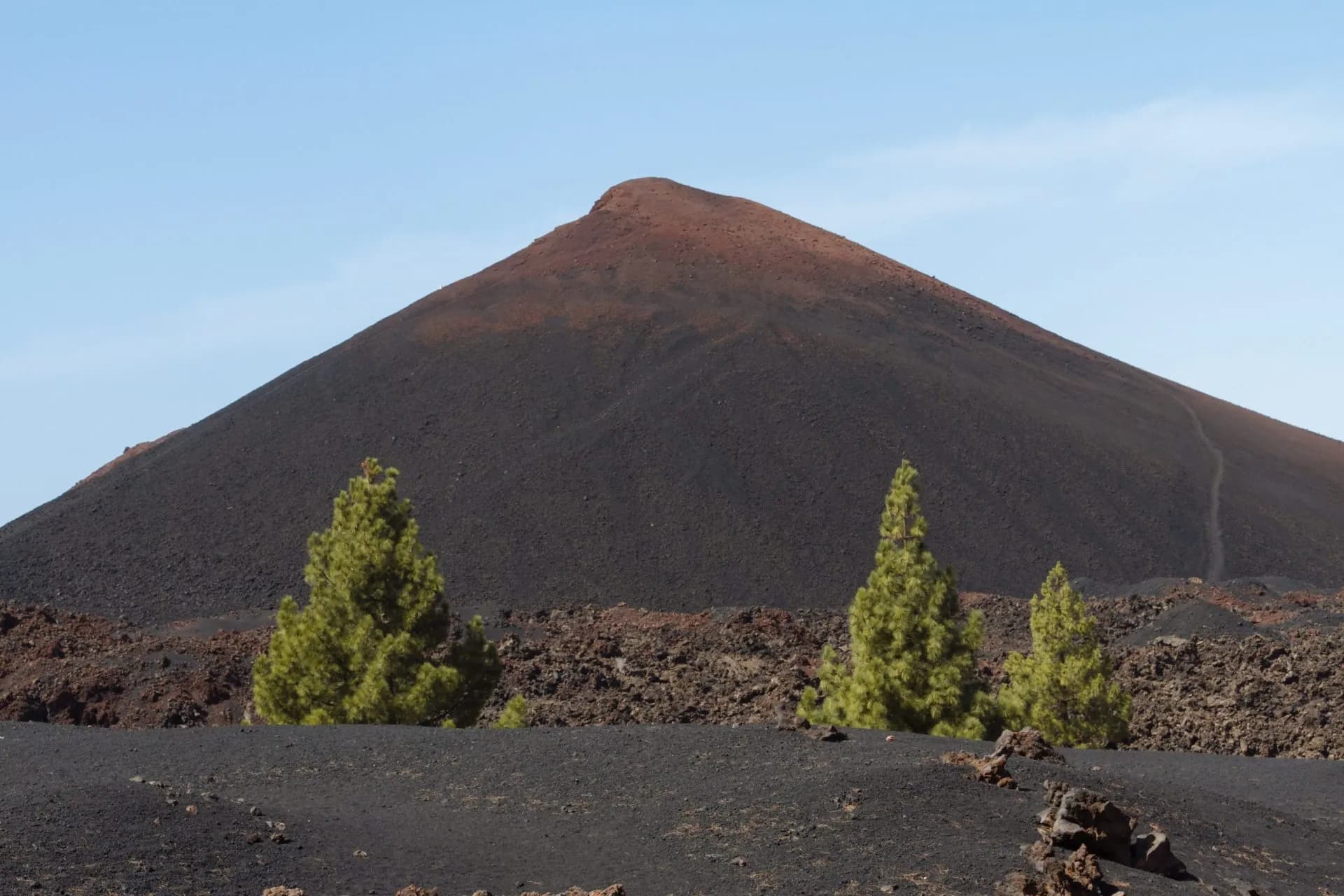 Volcanic desert landscape with dark cinder cone mountain and green pine trees