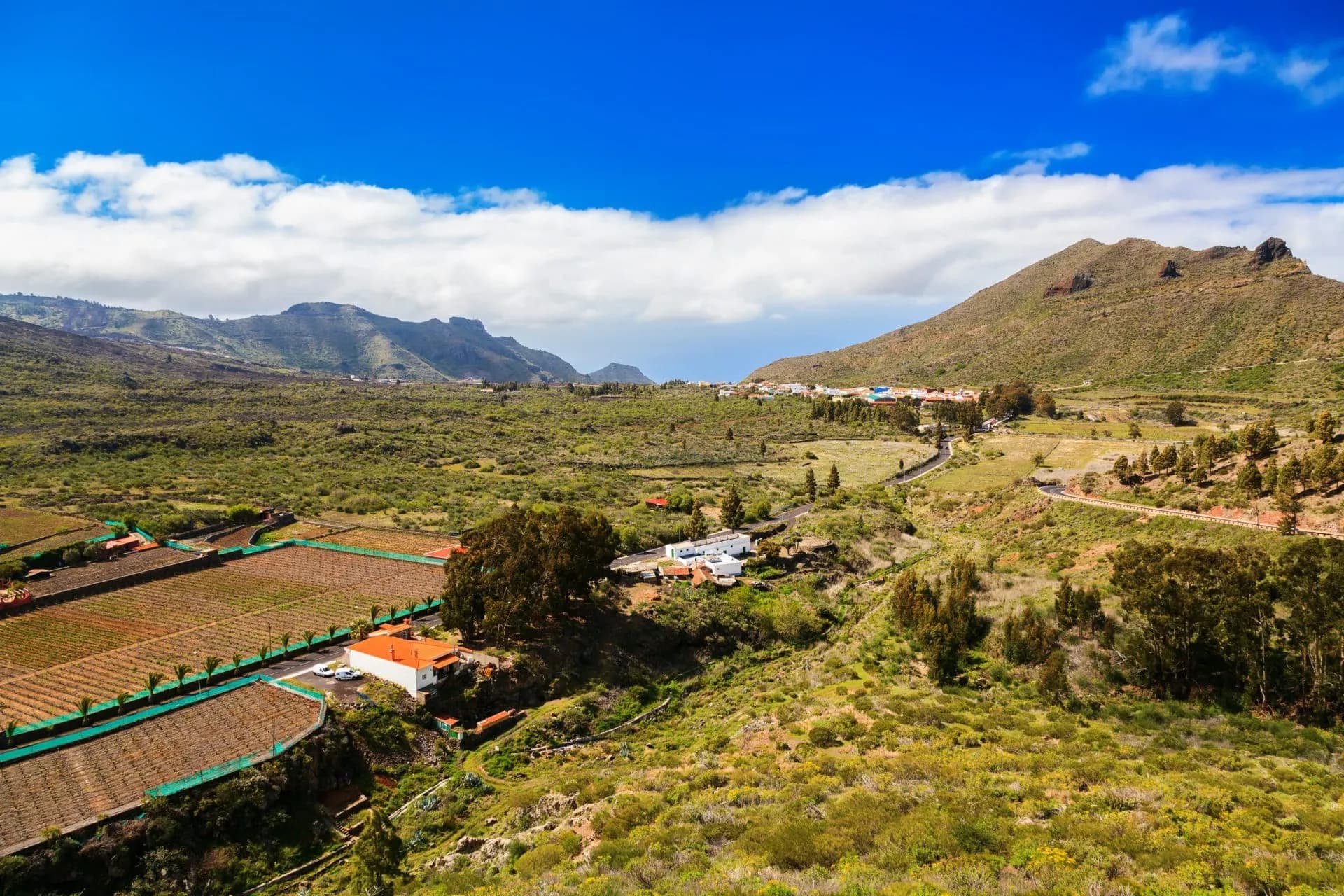 Arid valley landscape with vineyards and village near Santiago del Teide under blue sky.