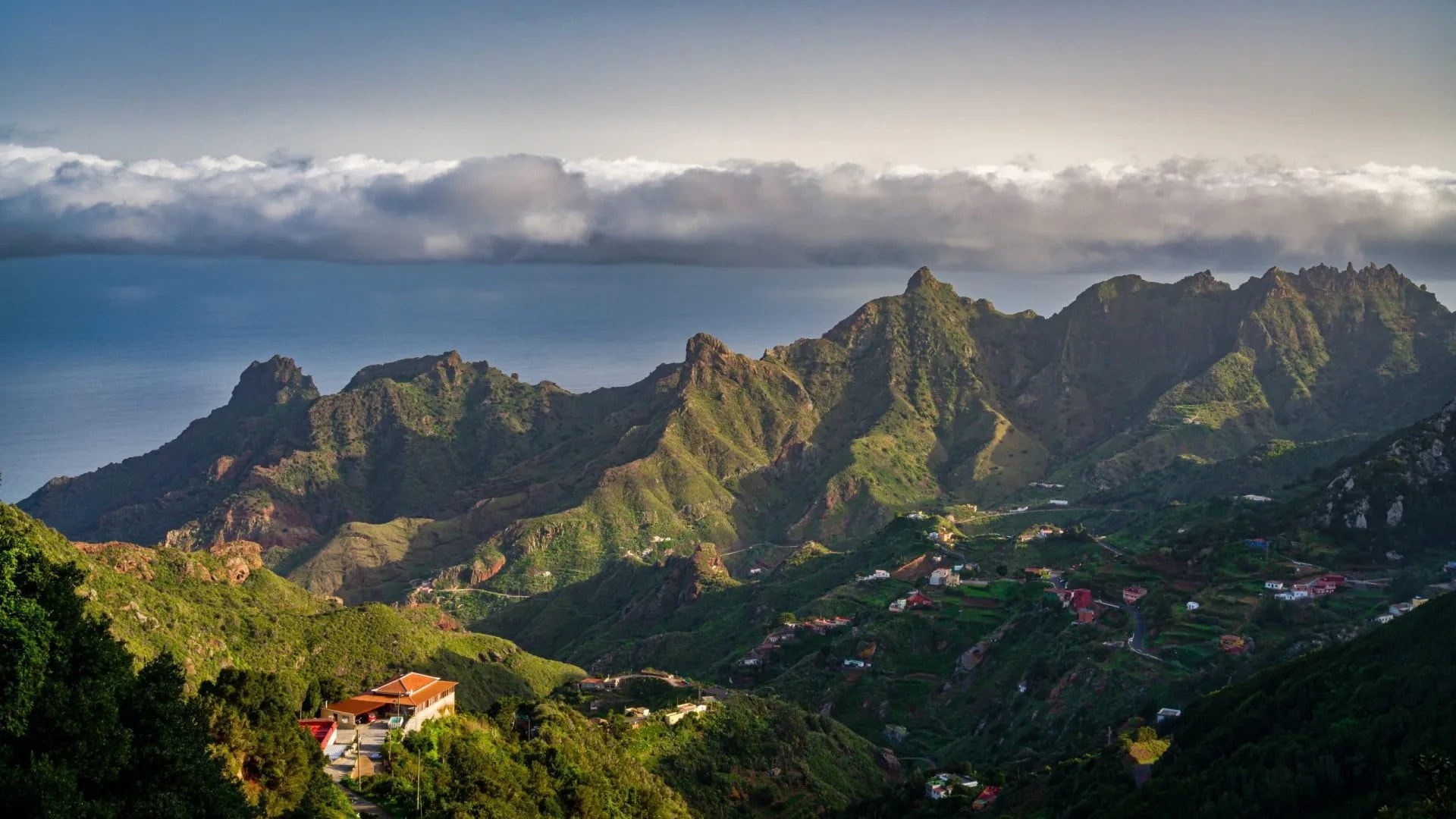 Aerial view of Anaga Rural Park, Tenerife, with green mountains meeting the sea under low clouds.