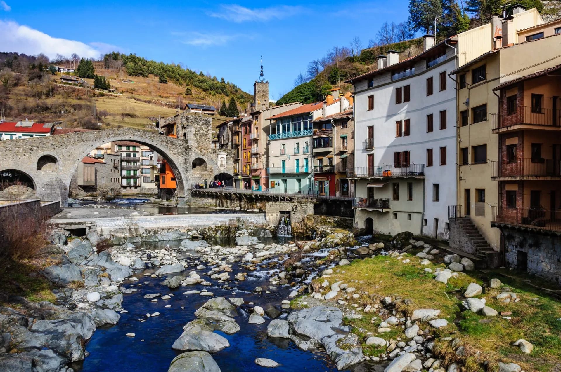 Stone bridge and river in Camprodon, Spain