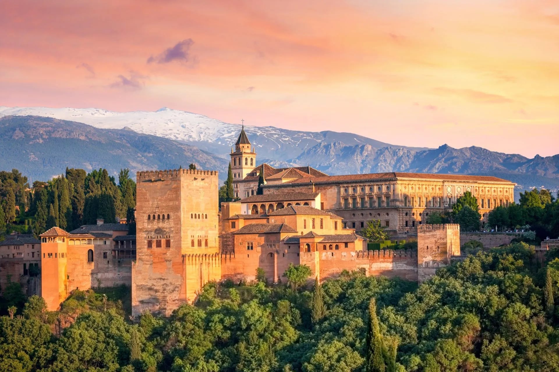 Ancient arabic fortress Alhambra at the beautiful evening