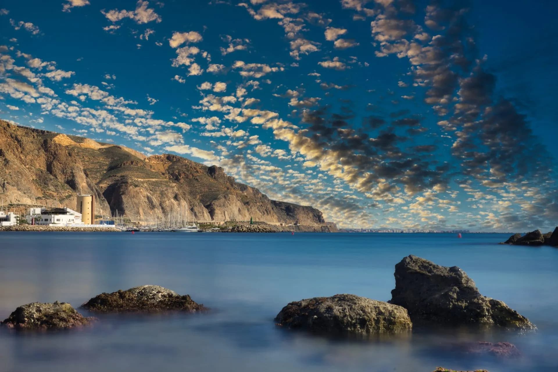 Port Aguadulce beach Mediterranean Sea on a sunny day, Almeria, Spain