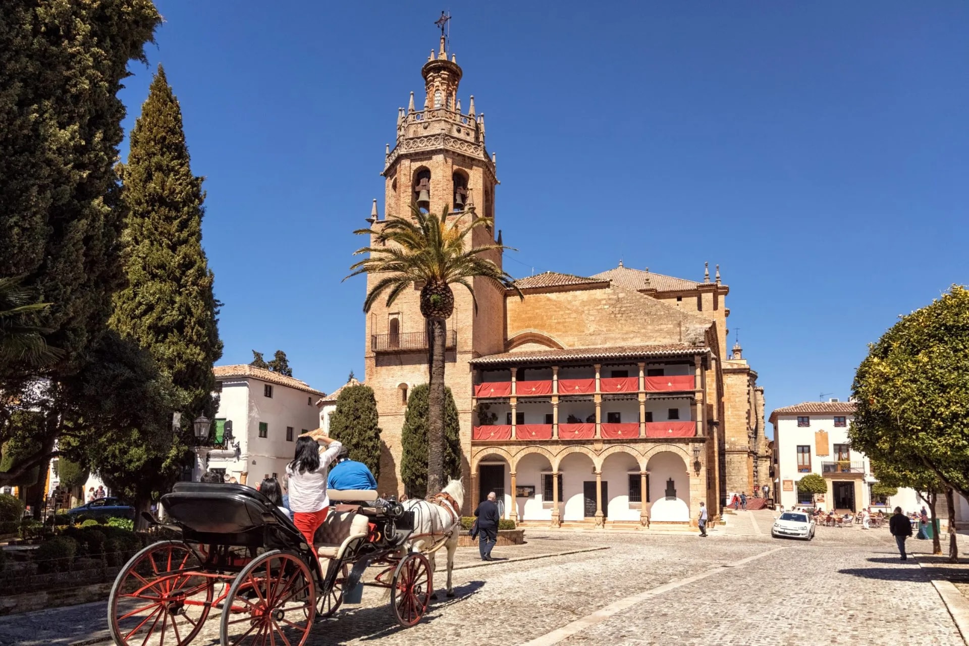 Horse-drawn carriage near Catedral de Santa María la Mayor in Ronda, Spain.