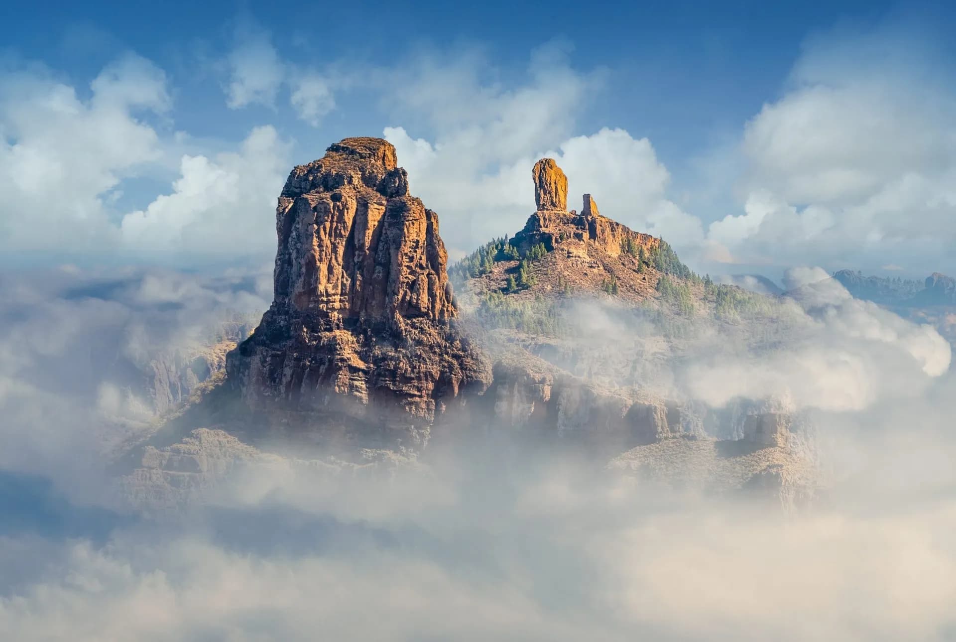 Landscape with Roque Bentayga and Roque Nublo in the background, Gran Canaria, Canary Islands, Spain