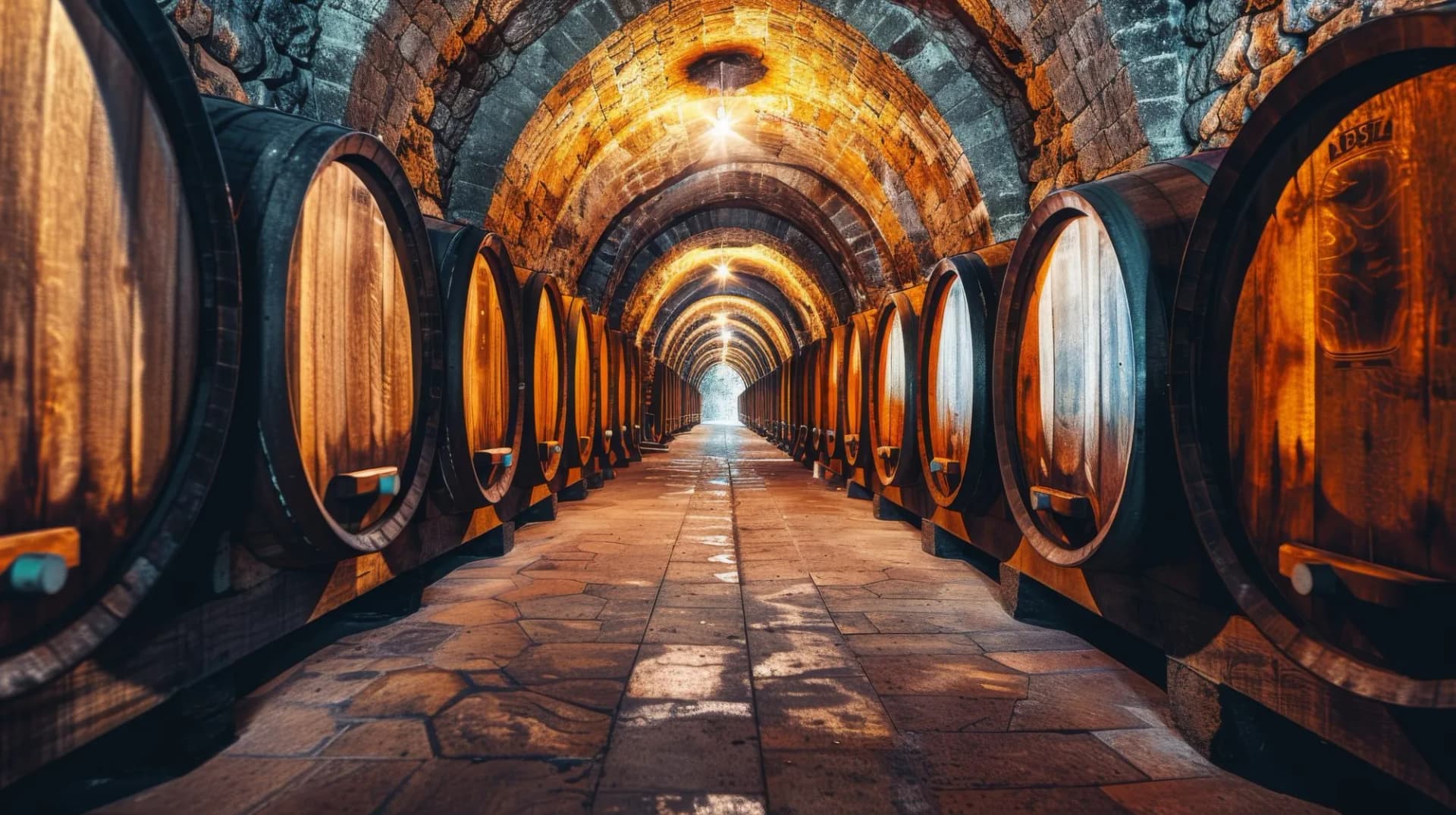 Wooden wine barrels aging in a long, vaulted cellar tunnel in La Rioja, Spain.