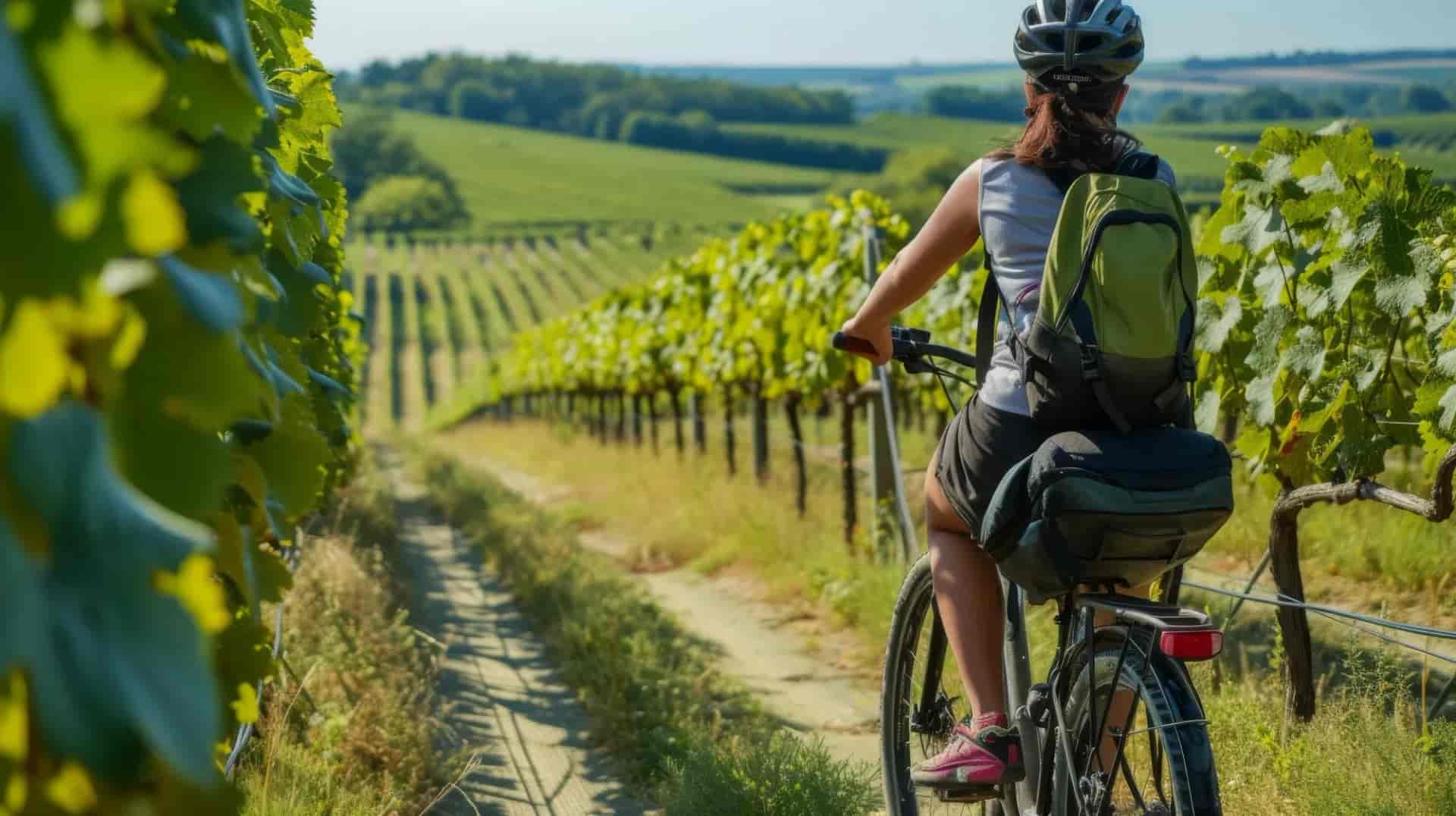 Cyclist with backpack rides dirt path through sunny, expansive vineyards under a clear sky.