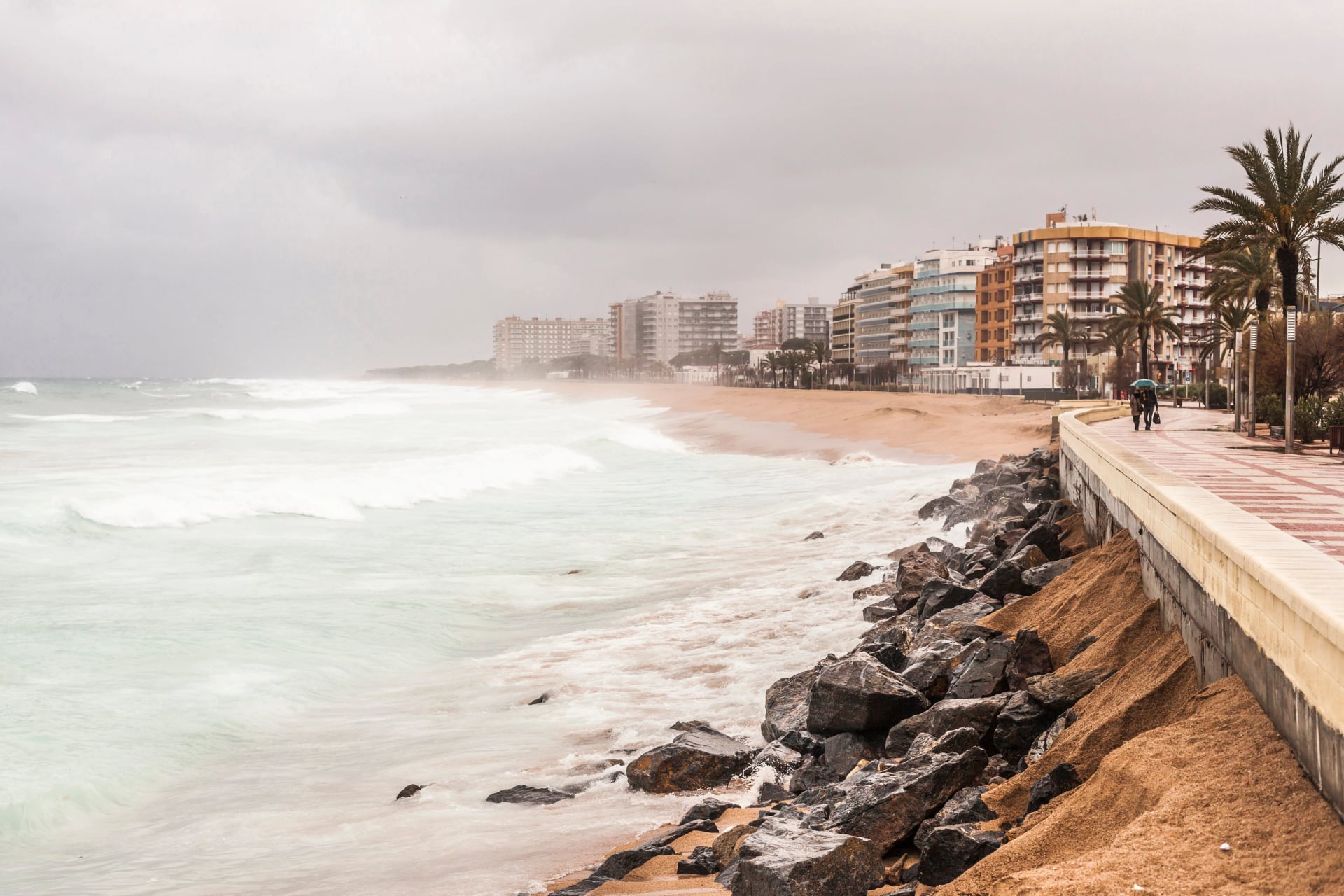 Mediterranean beach winter storm day in Costa Brava,Blanes,Catalonia,Spain.
