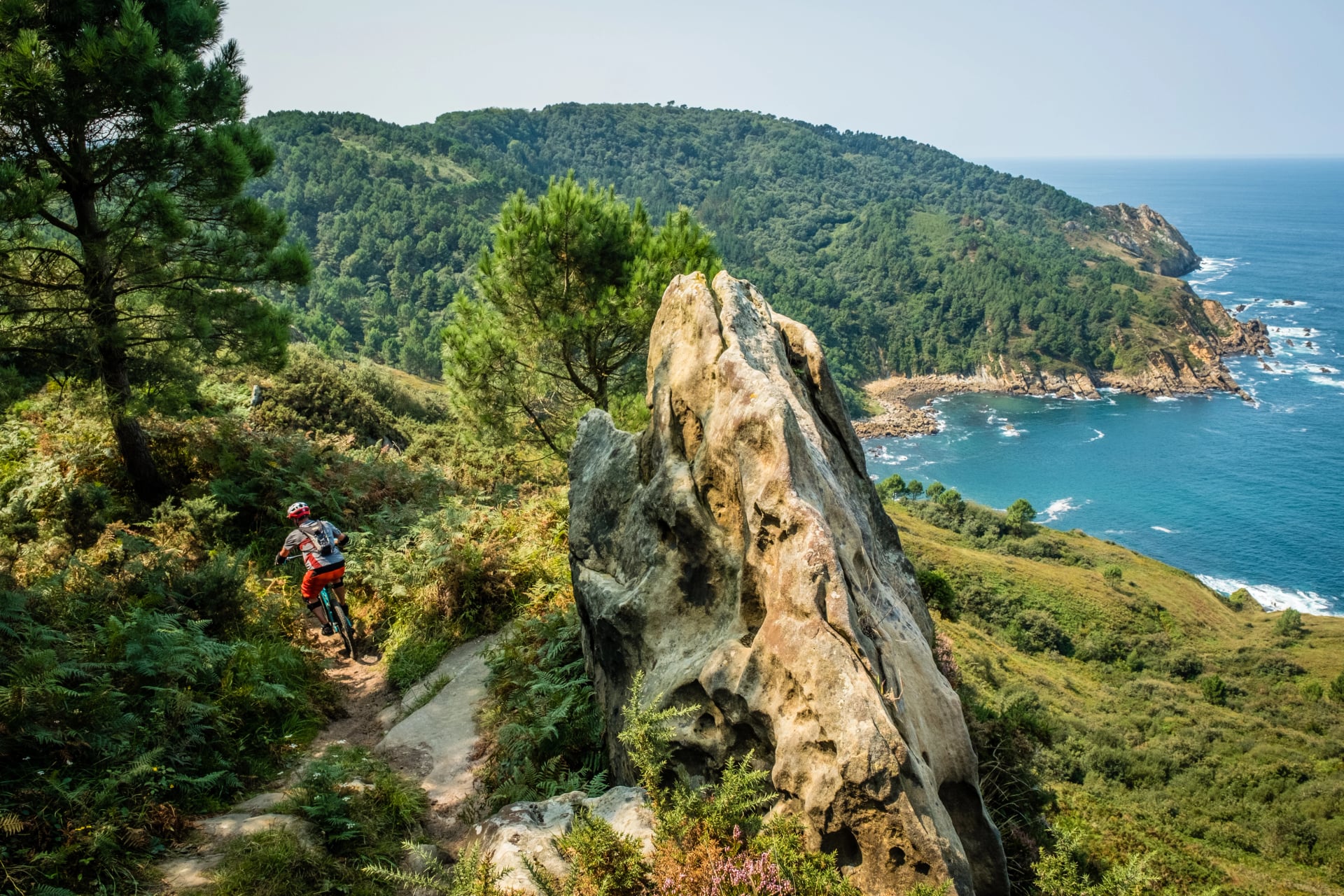 basque coast mountain biker riding along the coastal trail with sea and forest behind