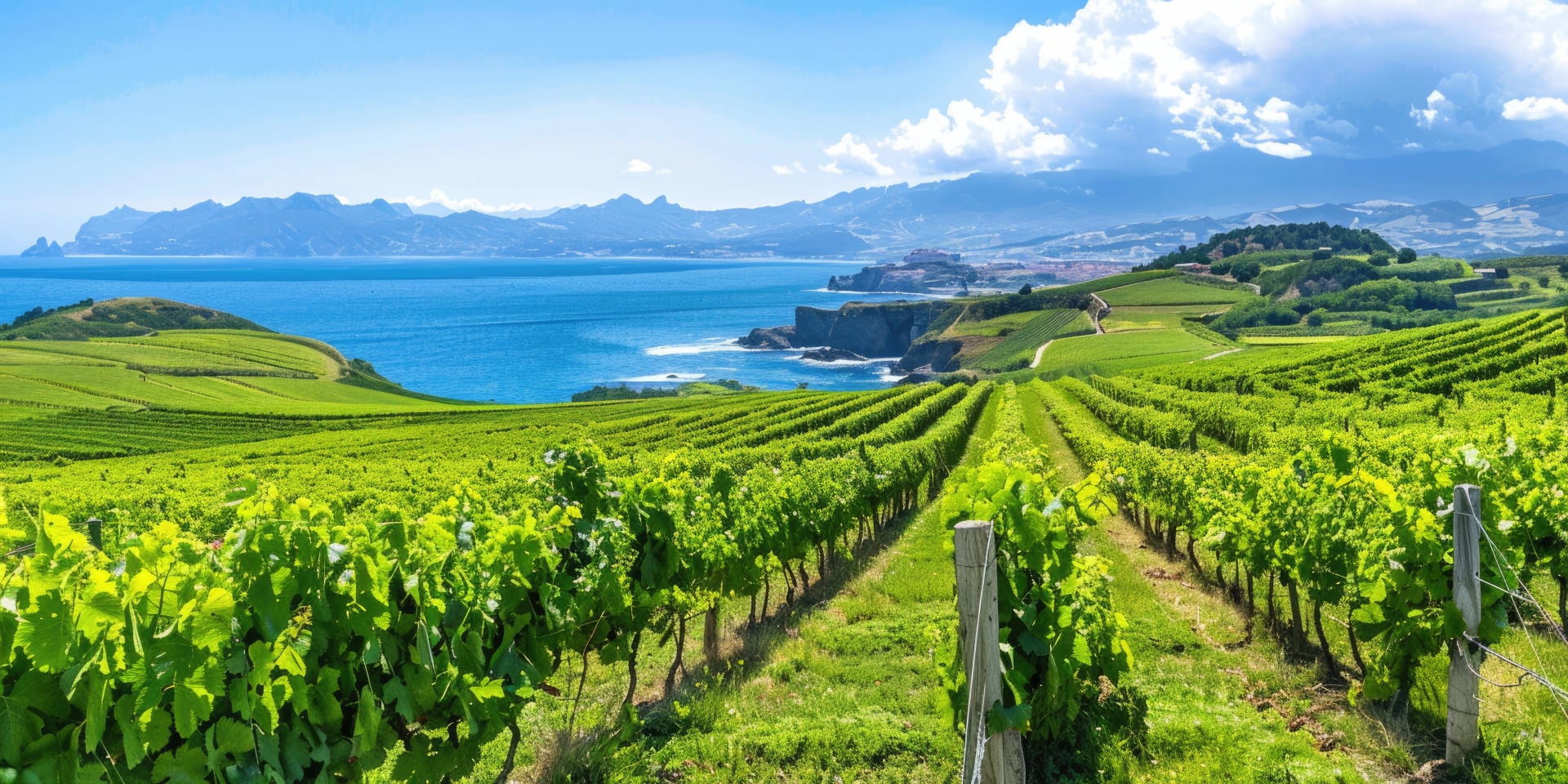 Spain Vineyard. Green Vineyards and Winery Overlooking Cantabrian Sea in Getaria, Basque Country