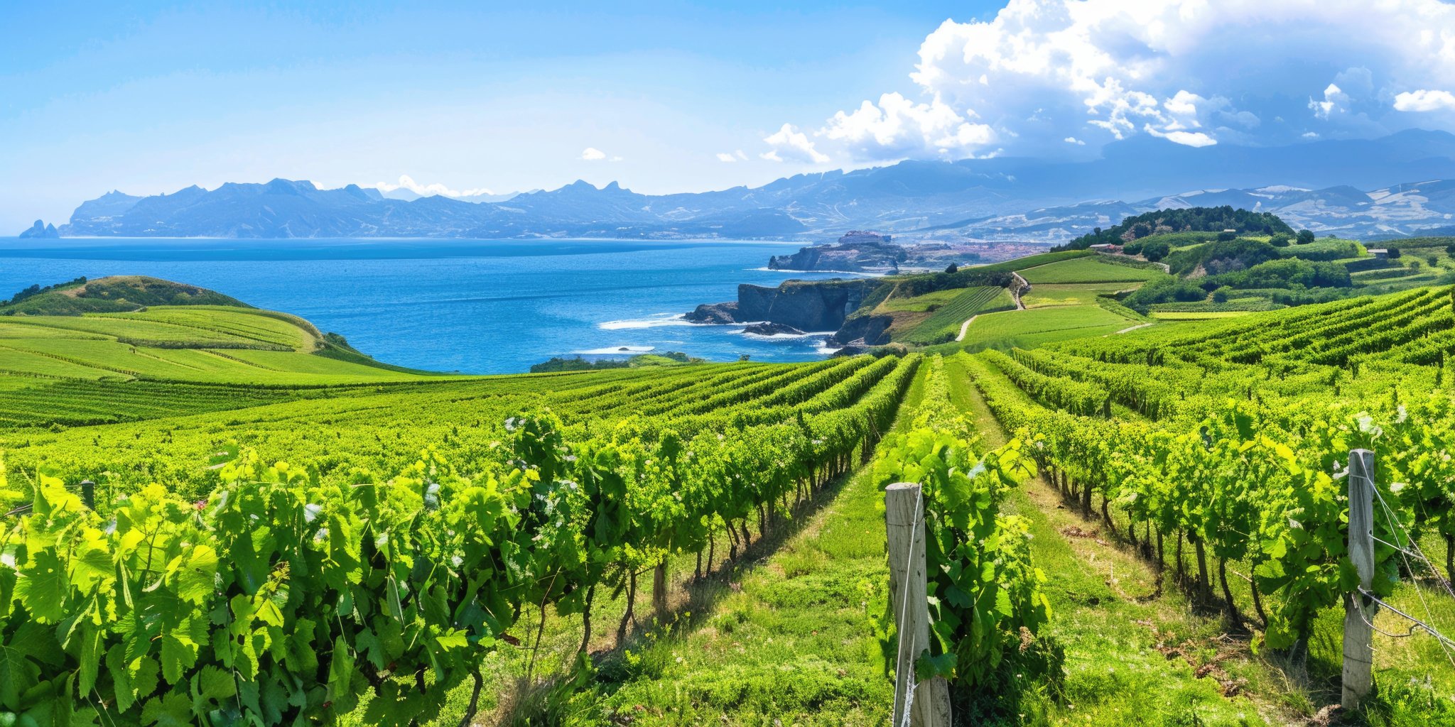 Spain Vineyard. Green Vineyards and Winery Overlooking Cantabrian Sea in Getaria, Basque Country