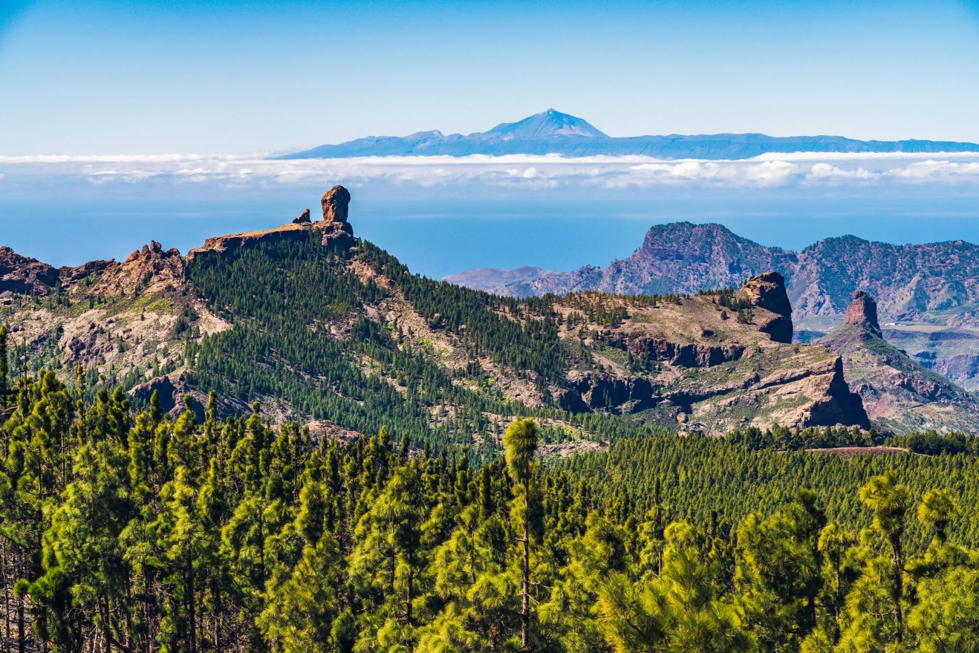 Vista colorata e panoramica del Roque Nublo e del Teide - Tejeda, Gran Canaria, Isole Canarie, Spagna