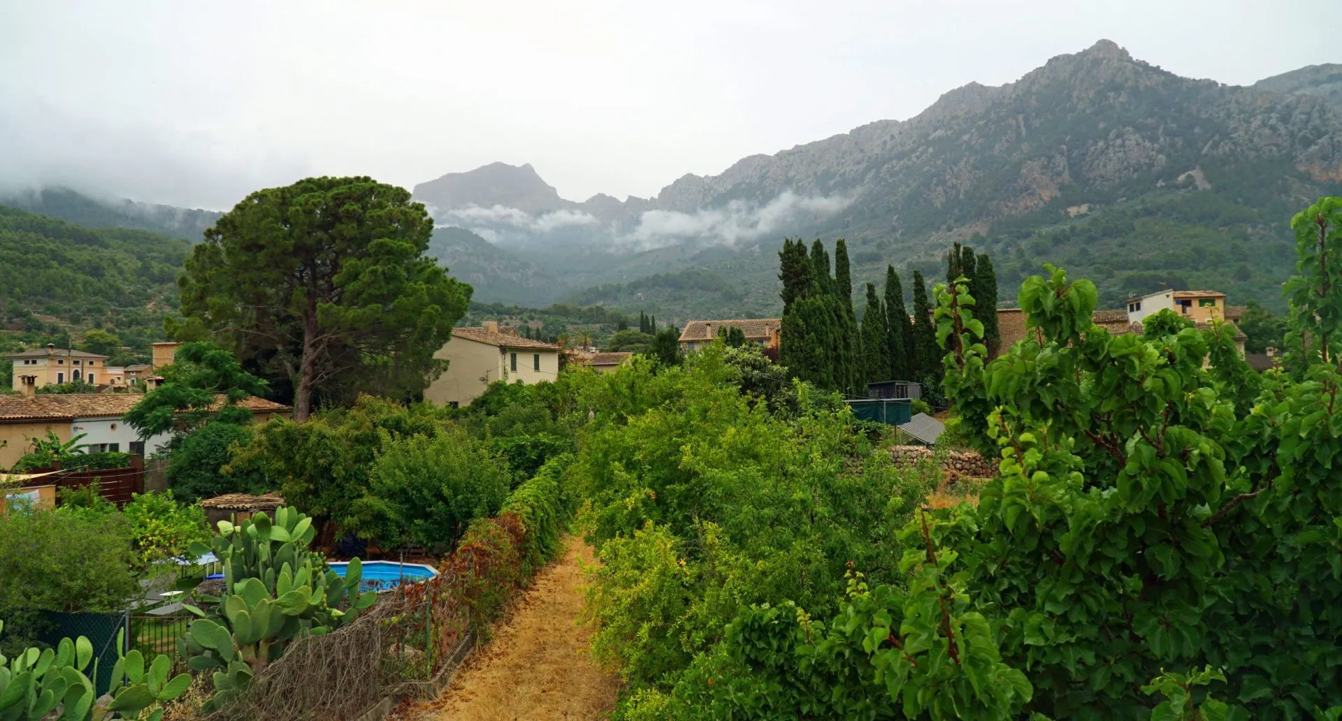 View of Soller Mallorca with low cloud in front of Tramuntana mountains